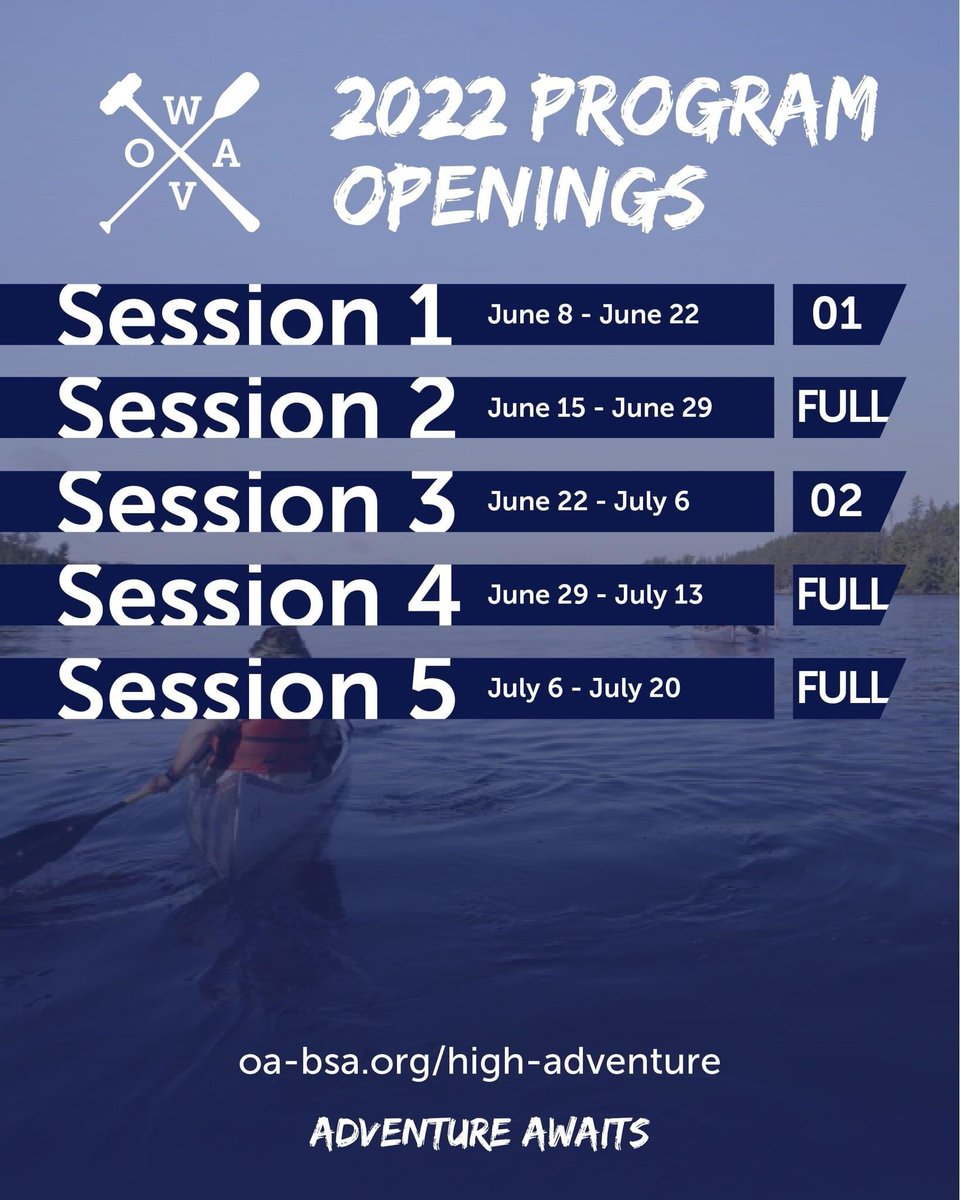 OAHA's tweet photo. One less spot open for Order of the Arrow Trail Crew leaving only 13 total on all OA High Adventure treks in 2022. Grab one of them today before it's too late at https://t.co/5DlD7ySX8g
#AdventureAwaits #OAHA #OATC #OAOA #OAWV #OASE #OABSA #ChooseOA https://t.co/tjggHZsOvL