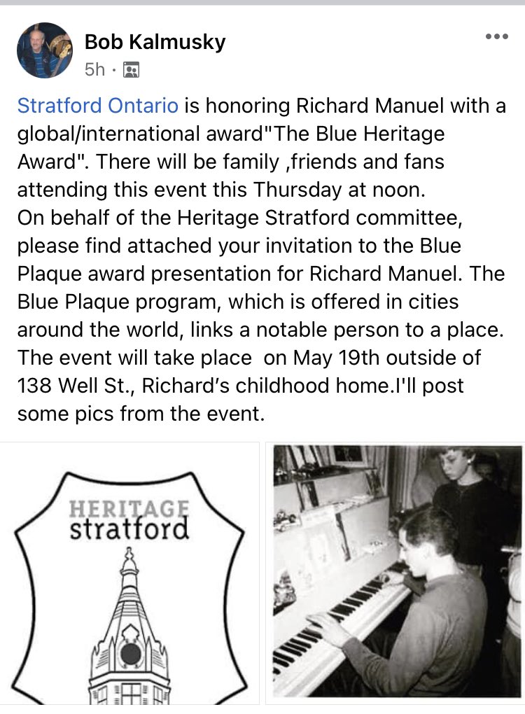 manuelarchive's tweet photo. If you’re around Stratford this week, Richard Manuel will be honored with The Blues Heritage Award this Thursday outside of his childhood home. Check out the information below, shared on Facebook by Bob Kalmusky, the brother of Richard’s Revols band mate Ken Kalmusky. https://t.co/fCbb6gj0wq