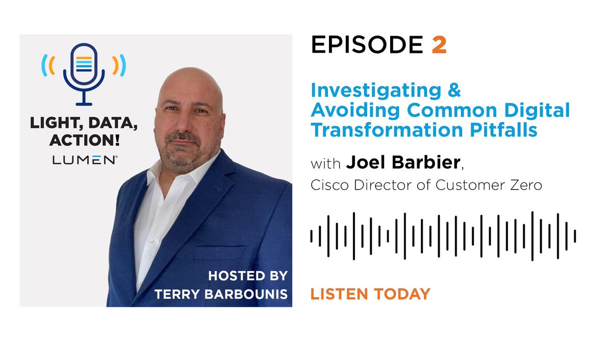 LumenGov's tweet photo. Tune into Episode 2 of Lumenβs new monthly podcast: Light, Data, Action! as Terry and Joel Barbier, from Cisco explore the hyper-acceleration of digital disruption & the concurrent demands the market imposes on #tech companies. #adaptablity Listen today: https://t.co/MqPGOuIz2Q https://t.co/LIVHOVYQoV