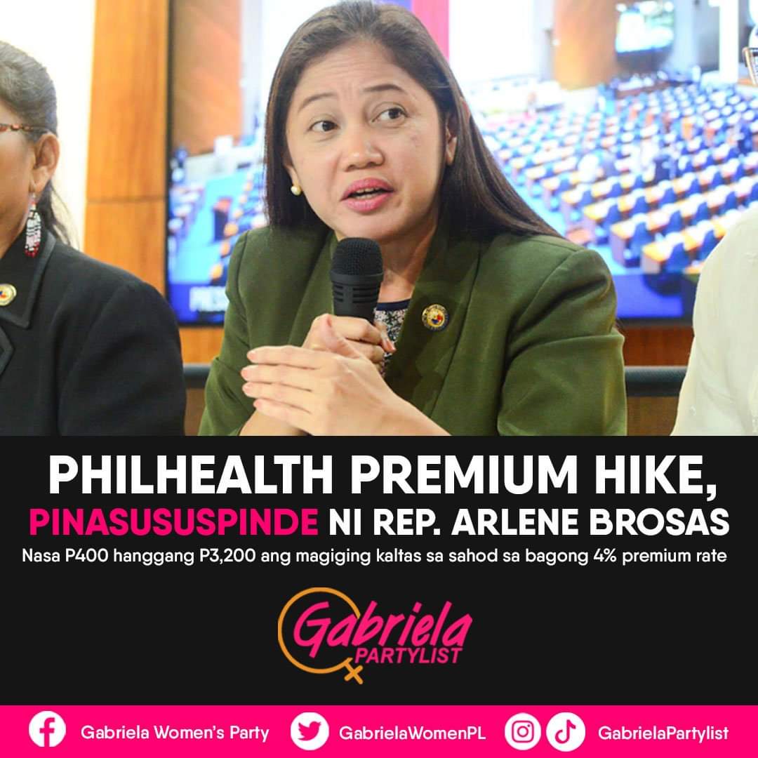 GabrielaWomenPL's tweet photo. Assistant Minority Leader and Gabriela Partylist Rep. @ArleneBrosas is urging the Philippine Health Insurance Corp. (PhilHealth) to further defer the premium hike set to take effect this June, saying it will bite hard on already depressed wages amid steep prices of goods. https://t.co/TH4tvln9Po