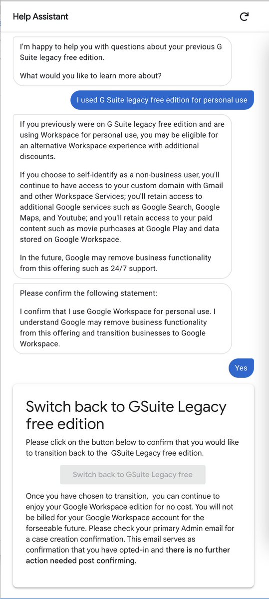 Giu1io's tweet photo. If, like me, you already upgraded your G Suite plan: it looks like the Help Assistant has been updated to handle this case. Although I’m not sure if it actually reverts back to the old plan. https://t.co/fCkkCODYHA https://t.co/38KorXxdeH