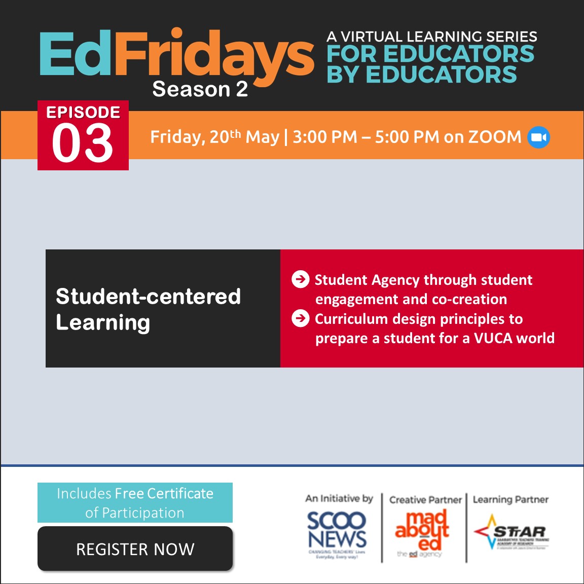 MadAboutEd's tweet photo. This Friday, join us for #EdFridays #Season2 #Episode3 - "Student-centered Learning"

@sttaracademy

Attend on Zoom and Get a Certificate of Participation!

Register Now: https://t.co/p6bGRmqlFZ

Be a speaker in an upcoming EdFridays: https://t.co/Hgmz7oyify https://t.co/YNjyTNzJVh