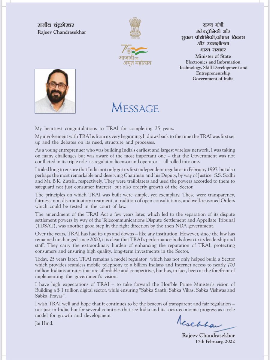 RajeevRC_X's tweet photo. My msg to @TRAI on their 25th anniversary - my best wishes to all in TeamTrai n wth my hope that u will continue being a beacon of fair n transparent regulatn n guiding n expanding Internet in India, safeguarding Consumer Interest 

#Trai25 @PMOIndia @devusinh @AshwiniVaishnaw https://t.co/BxhMbdgGHb