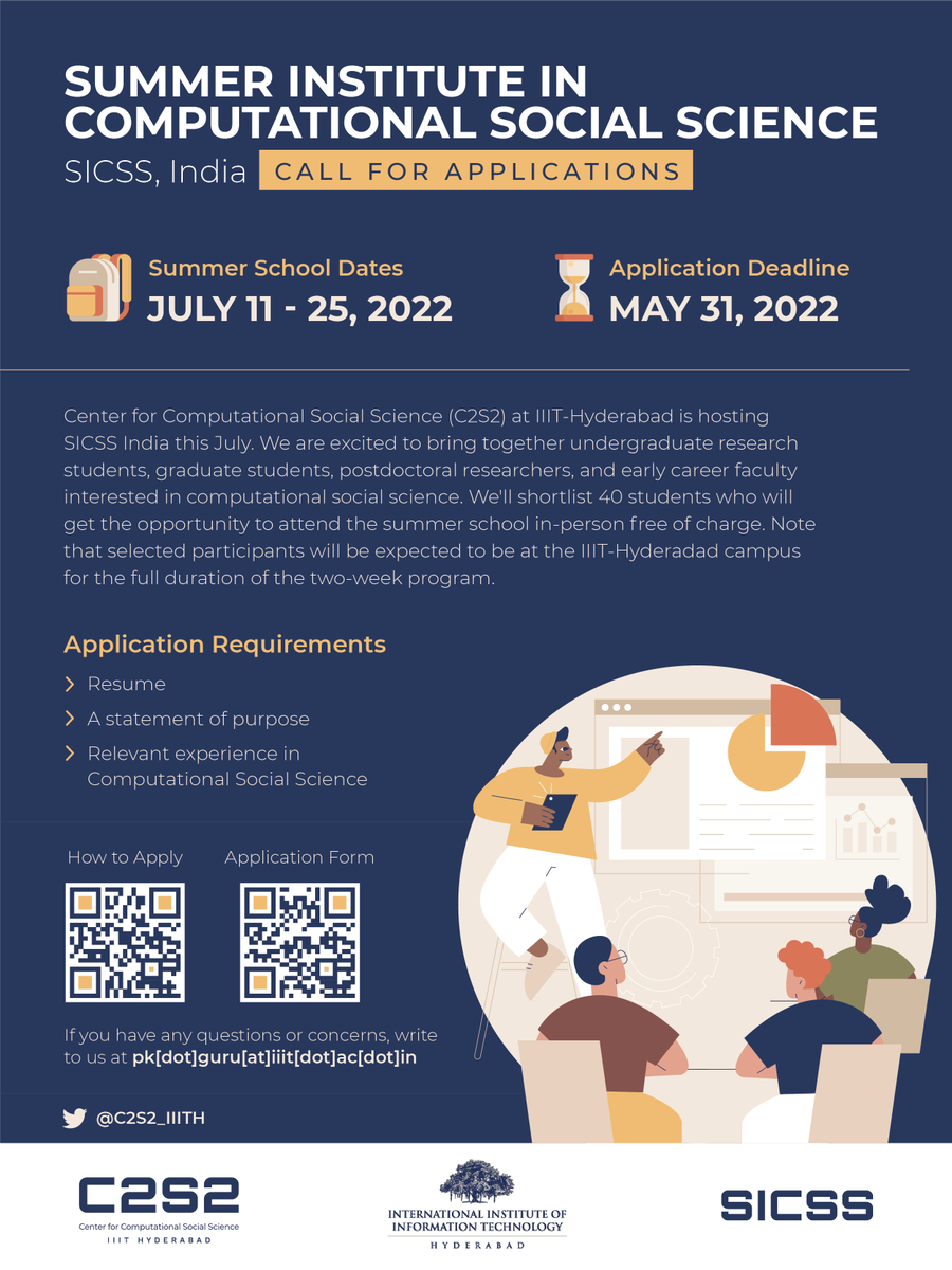 Co-organizing Summer School on Computational Social Science at IIIT Hyderabad. Please help spread the word and grow the #CSS community in India. Look forward to seeing many your application. #ProfGiri #SICSS2022  

Apply: sicss.io/2022/india/app… 
Deadline: AOE May 31, 2022