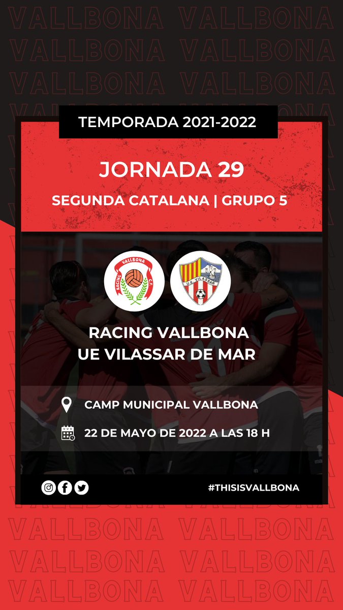 ¡ÚLTIMO PARTIDO EN LA VALLBONERA! NOS TOCA VOLVER A LLENARLA, AFICIÓN 

📅 Domingo
🕖 18 h
🏆 #2cat5
🆚 UE Vilassar de Mar 'B'
📍Municipal de Vallbona (#NouBarris) 
#⃣ En DIRECTO en #VallbonaVilassar

#ThisIsVallbona | #Futbolcat