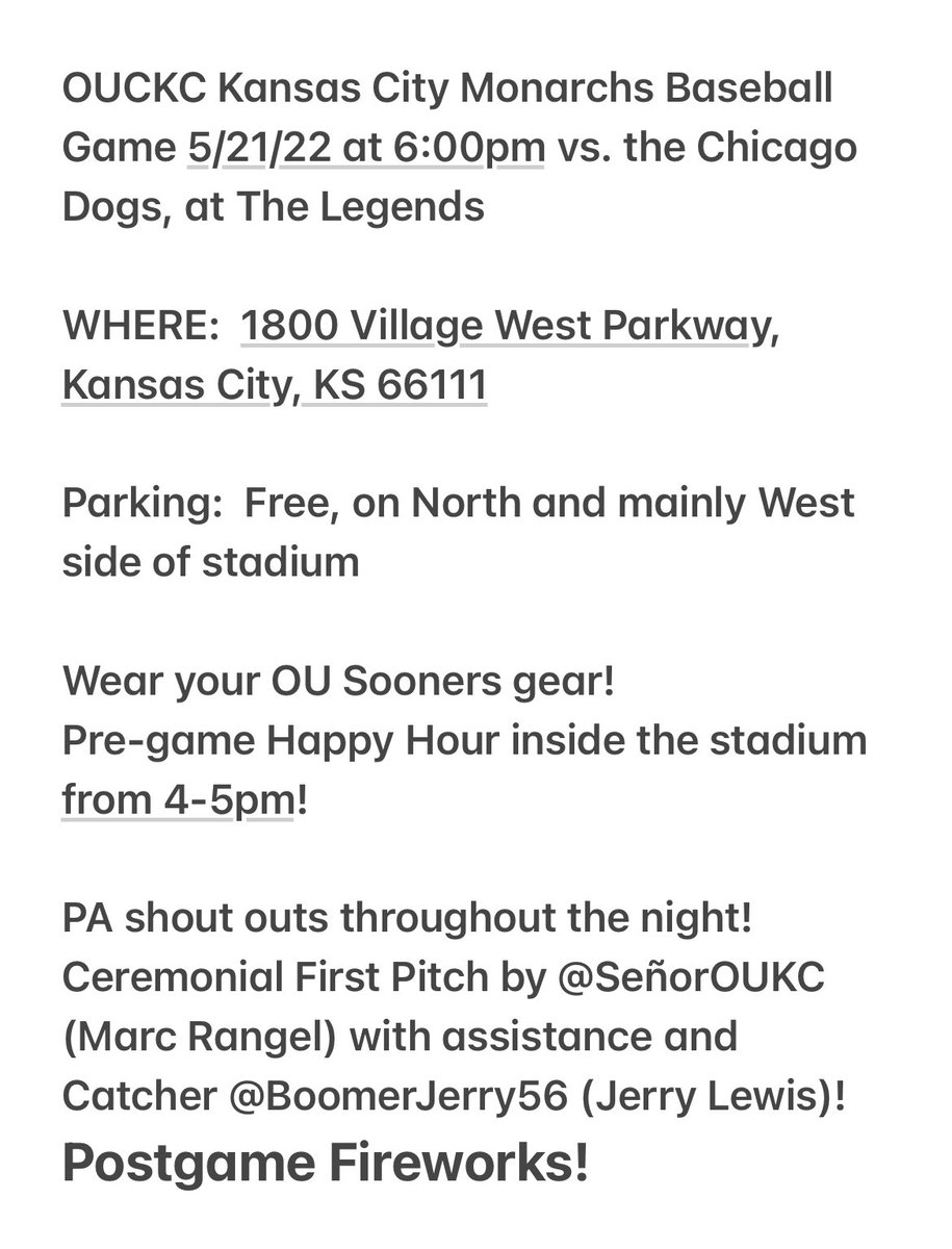 OUClubKC's tweet photo. Sooner Faithful! We can’t wait to see everyone this Sat for OUCKC @ the @kscitymonarchs game! 

Ceremonial First Pitch by @senoroukc w/help from @BoomerJerry56

There will be a happy hour before the game &amp; post game fireworks!

#OUCKC #BoomerSooner #OUDNA #kcsooners #LegendsField https://t.co/k1kSPBXyEO