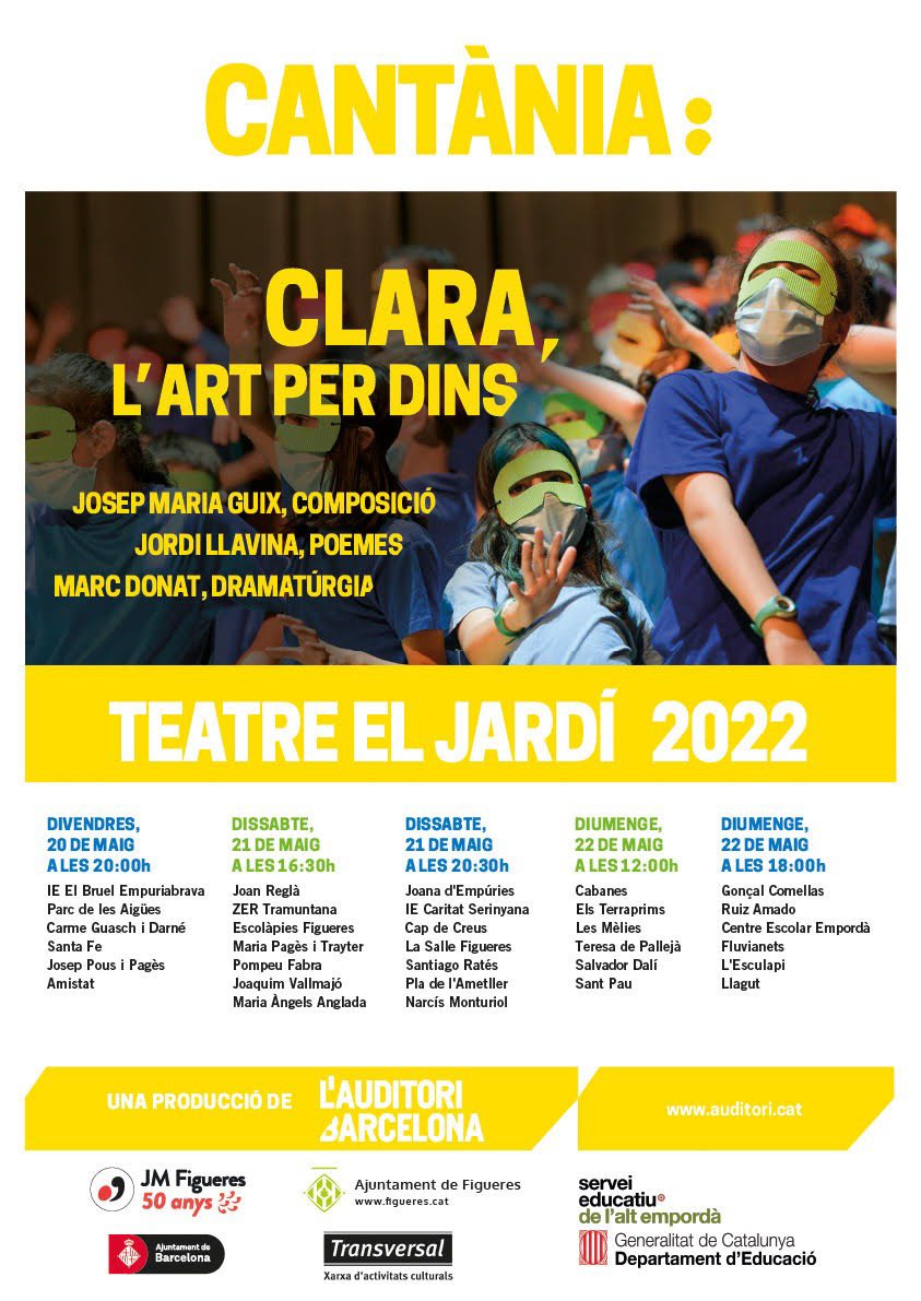 El projecte educatiu #Cantània torna a l’escenari del Teatre Municipal el Jardí de #Figueres aquest cap de setmana! Una trentena d’escoles de la comarca participaran en la cantata ‘Clara, l’art per dins’ 👏🏼🎶 Més informació a figueresaescena.cat/ca/programacio…