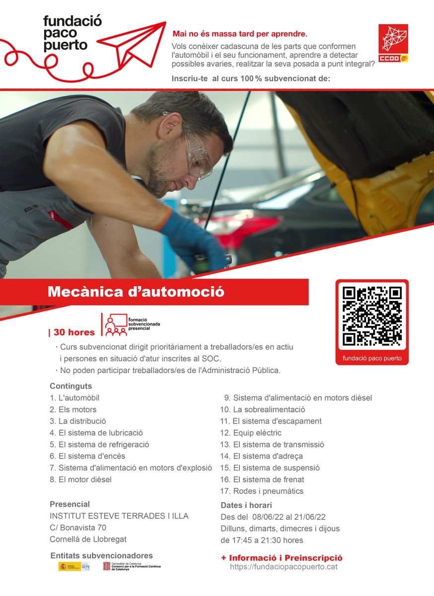 Manchuria Conquista Derivar Fundació Paco Puerto on Twitter: "🆕Vols conèixer cadascuna de les parts que conformen l'automòbil i el seu funcionament? Vols aprendre a detectar possibles avaries? 🚗Curs Mecànica d'automoció subvencionat per @fpo_continua a @iesteveterradas Manchuria Conquista Derivar Fundació Paco Puerto on Twitter: "🆕Vols conèixer cadascuna de les parts que conformen l'automòbil i el seu funcionament? Vols aprendre a detectar possibles avaries? 🚗Curs Mecànica d'automoció subvencionat per @fpo_continua a @iesteveterradas