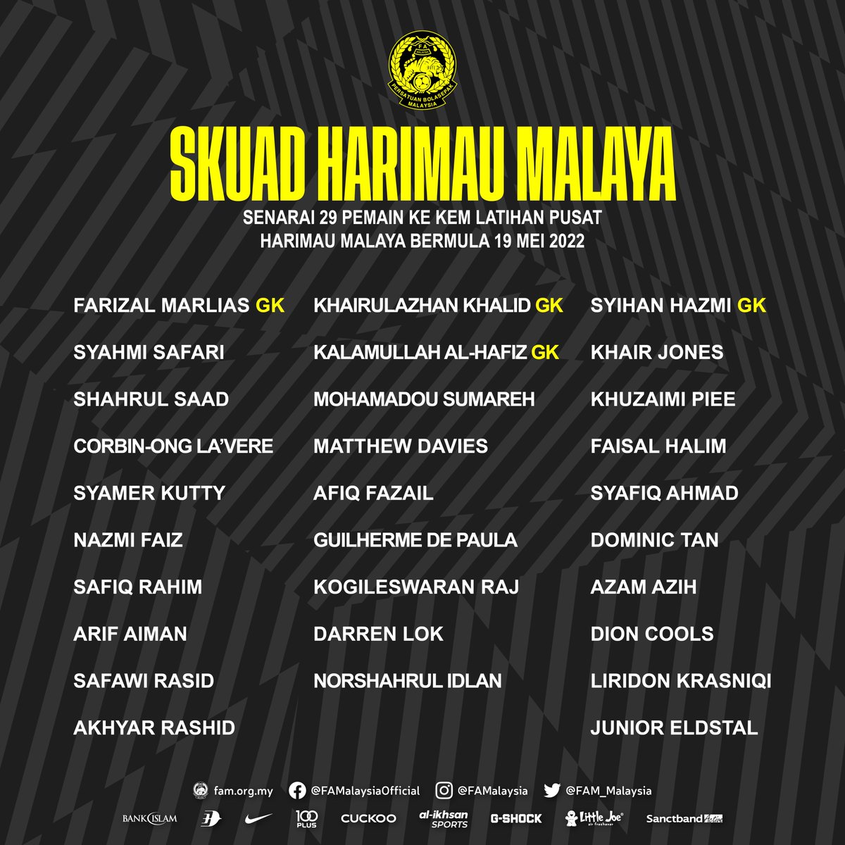 FAM_Malaysia's tweet photo. Siaran Media: Senarai 29 Pemain Ke Kem Latihan Pusat Harimau Malaya Bermula 19 Mei 2022

▶️ Baca penuh di https://t.co/98W4KPGEqH

#FAM #HarimauMalaya https://t.co/XpHs8YS4wz