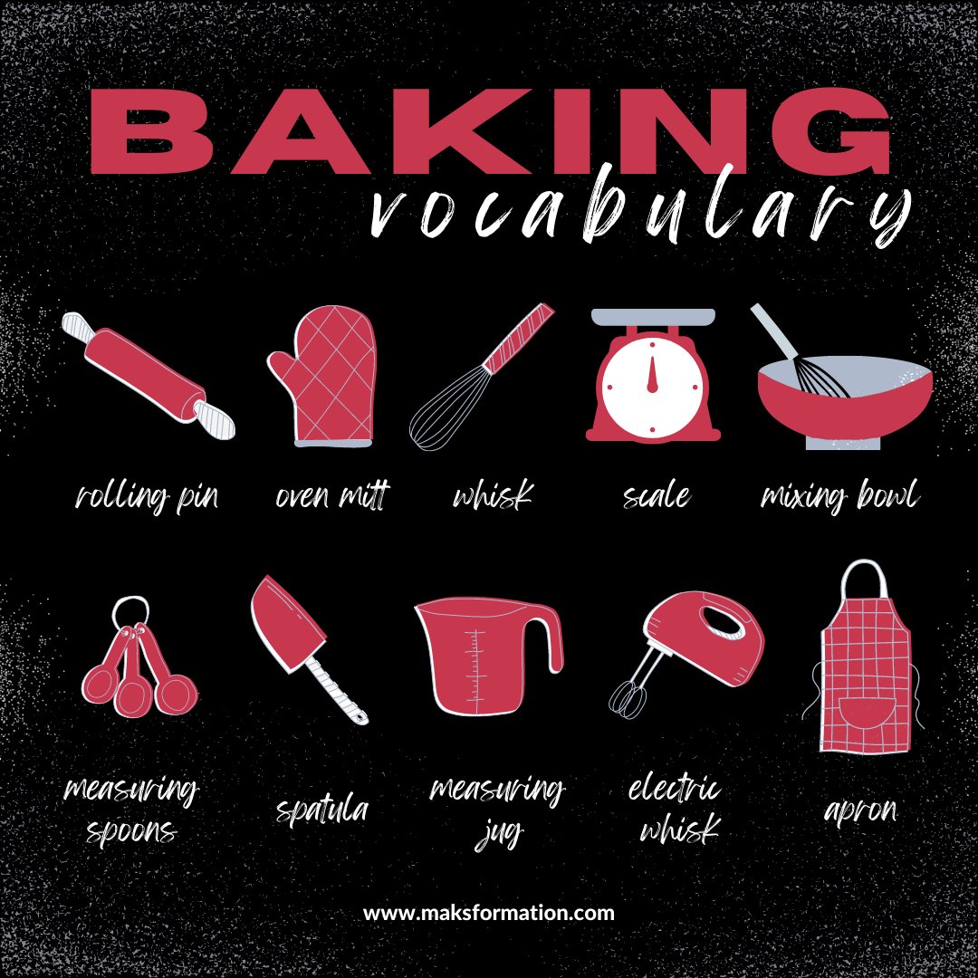 FormationMaks's tweet photo. 🇬🇧 To celebrate #WorldBakingDay , here's some English vocabulary for some essential baking tools. 🇫🇷 Pour célébrer la Journée mondiale de la pâtisserie, voici du vocabulaire anglais pour certains outils de pâtisserie essentiels. 

#apprendreanglais #Twinglish #formationanglaiscpf https://t.co/m5oOLVXFV8