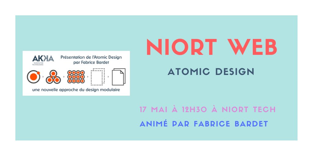 À tous les curieux et curieuses souhaitant découvrir ou approfondir le sujet de l’atomic design, rendez vous ce midi à <a href="/NiortTech/">NiortTech</a> 
Animé par Fabrice BARDET
Info et inscription sur niortweb.fr
