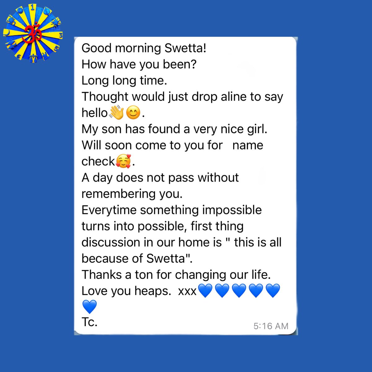 Time passes in a flash when your work has touched several lives for good… #forevergreatful to my science #Numerology 💙

#messageslikethese #mademymorning #HeartfeltMessages #Numbers #MyScience  #NumbersDontLie #LuckyNumbers #MagicOfBlue #Jumaani #SwettaJumaani