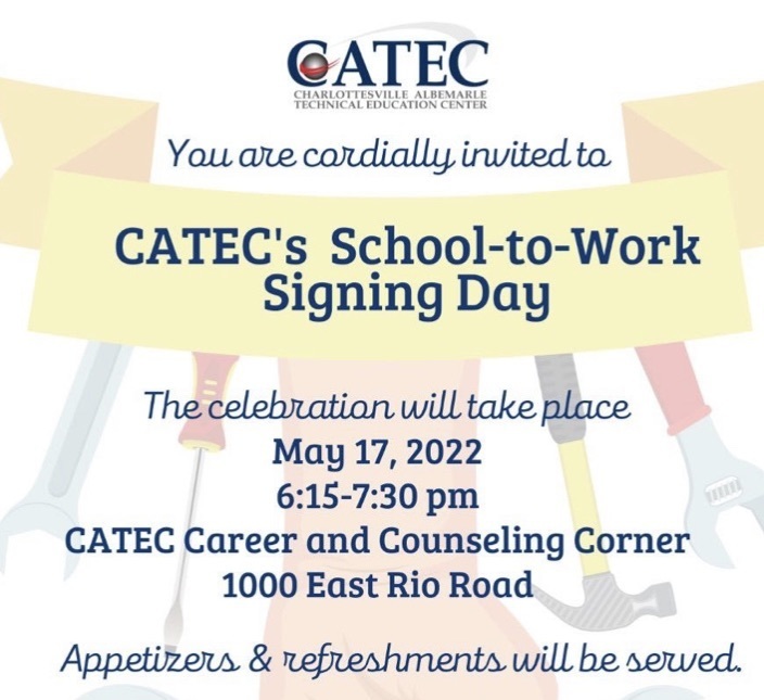 CATEChs's tweet photo. Tomorrow, Tuesday, May17th, CATEC will be hosting it’s annual School-to-Work Signing Day event, celebrating 22 students who are committing to employment with local businesses. @k12albemarle @CvilleSchools https://t.co/zPEeir5QV0