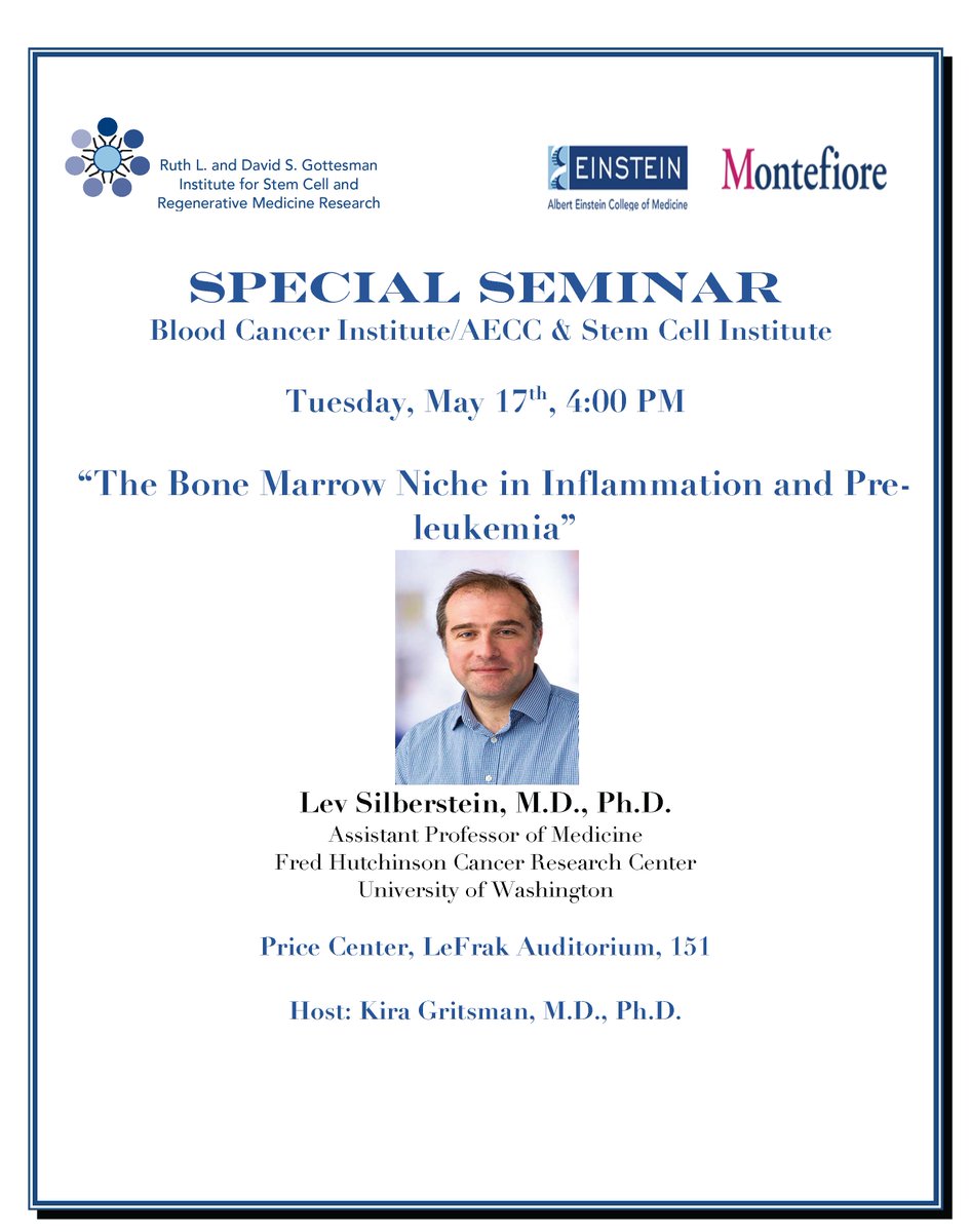 Einstein_SCI's tweet image. We are excited to host @Silberstein_Lab from Fred Hutchinson Cancer Center for an exciting seminar!