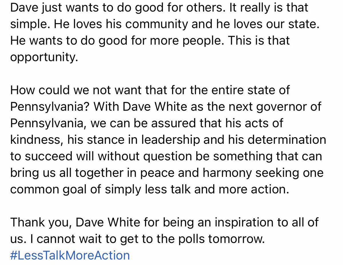 jpbraconnier's tweet photo. Tomorrow is the day. I am proud to be supporting my friend, @davewhiteforgov ! Thank you, Dave White for being an inspiration to all of us. I cannot wait to get to the polls tomorrow. #LessTalkMoreAction https://t.co/Q2uvrtzcLz