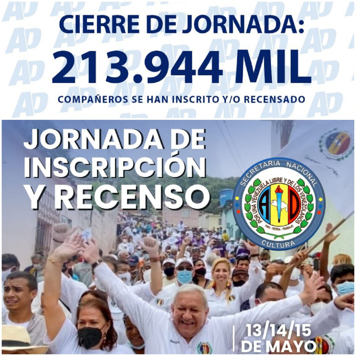 abetancourts's tweet photo. @profytecad @abetancourts: La Jornada de Inscripción y Recenso de #AD fue un EXITO..213.944 Compañeros(as) se Inscribieron y /o Recensaron. Felicitaciones a Todos los #ADecos de Venezuela. La Lucha Continúa Por una Venezuela Libre y de los Venezolanos.  @adbernabe @MAELECAD_VE https://t.co/wTeN0jXdYM