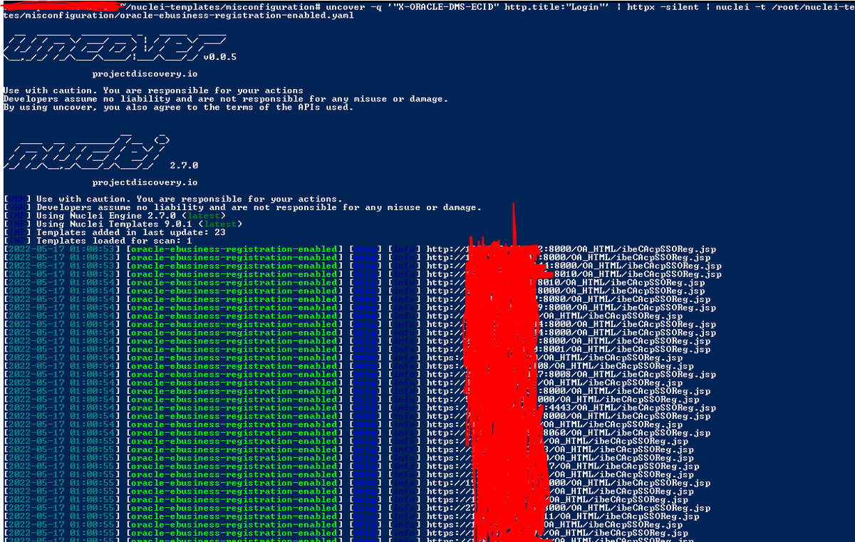 AhmedMa07846126's tweet image. thanks to @GodfatherOrwa write up now we can automate this using @ofjaaah tip
uncover -q '"X-ORACLE-DMS-ECID" http.title:”Login”' | httpx -silent | nuclei -t /root/nuclei-templates/misconfiguration/oracle-ebusiness-registration-enabled.yaml
#bugbountytips
