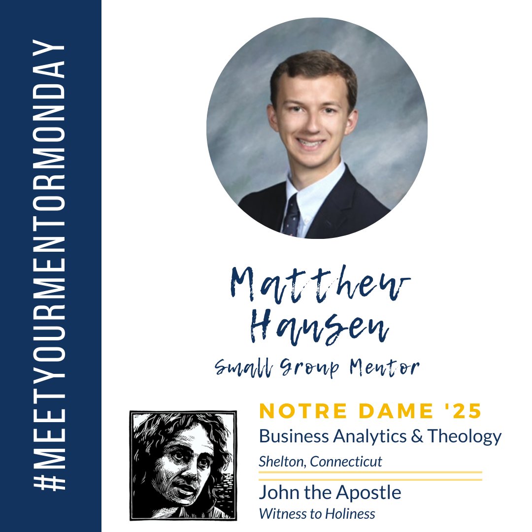 Meet Matthew Hansen, one of our Small Group Mentors!
"I’m most excited about helping high school students grow in their faith!" #NDVision #MeetYourMentorMonday <a href="/McGrathND/">McGrath Institute for Church Life</a>