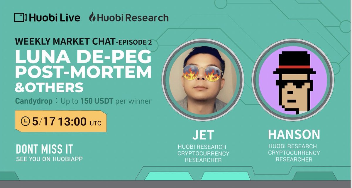 HTX_Research's tweet photo. #HuobiLive
🔥Weekly Market Chat
⏰5/17,13:00 UTC
☑️Follow @Huobi_Research
☑️Watch live broadcast
☑️Participate #candydrop
🧐Topics:#Luna-Depeg,#Coinbase-Earnings ,#GameFi-Illuvium,#NFT ,Newlisting:VRA/ELON/KAVA
🎙️:Jet &amp; Hanson,Cryptocurrency Researcher

➡️https://t.co/TboJ1bDswv https://t.co/6bzWtfpZm8
