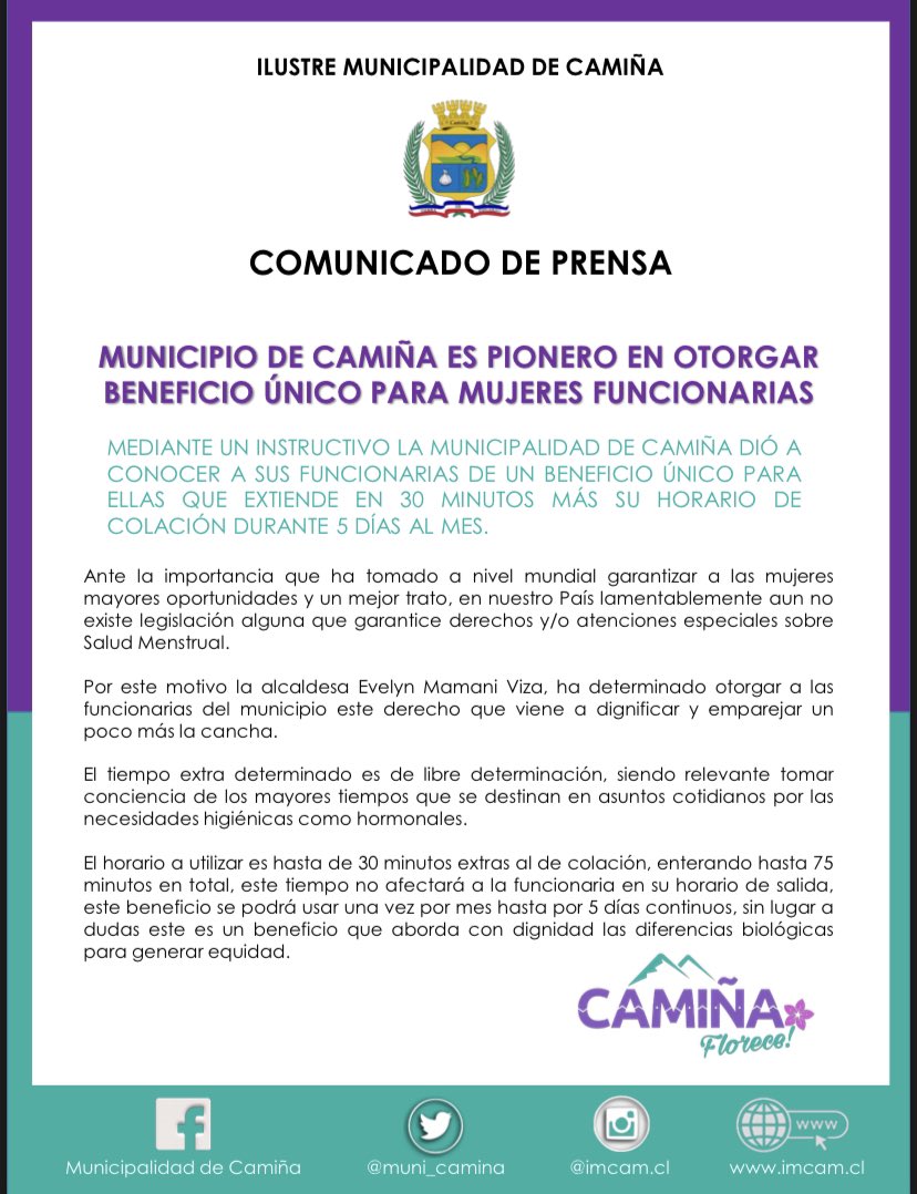 Muni_Camina's tweet photo. Municipalidad de Camiña dirigido por la alcaldesa Evelyn Mamani Viza, es pionera en disponer horario especial a sus funcionarias para una mejor salud menstrual, dispondrán de 30 minutos adicionales a su colación por 5 días al mes. #camiñaflorece @Gore_Tarapaca @SernamEGTarapac https://t.co/Km943mofYx