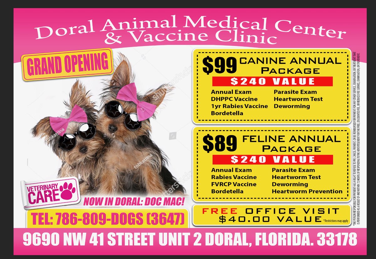 petdoctorsharon's tweet photo. $99.00 -ANNUAL  VACCINE CHECKUP !
Doral is HOT ! We have the DEALS for your FurChild #cometoDoral! https://t.co/H4HRQeHd6k