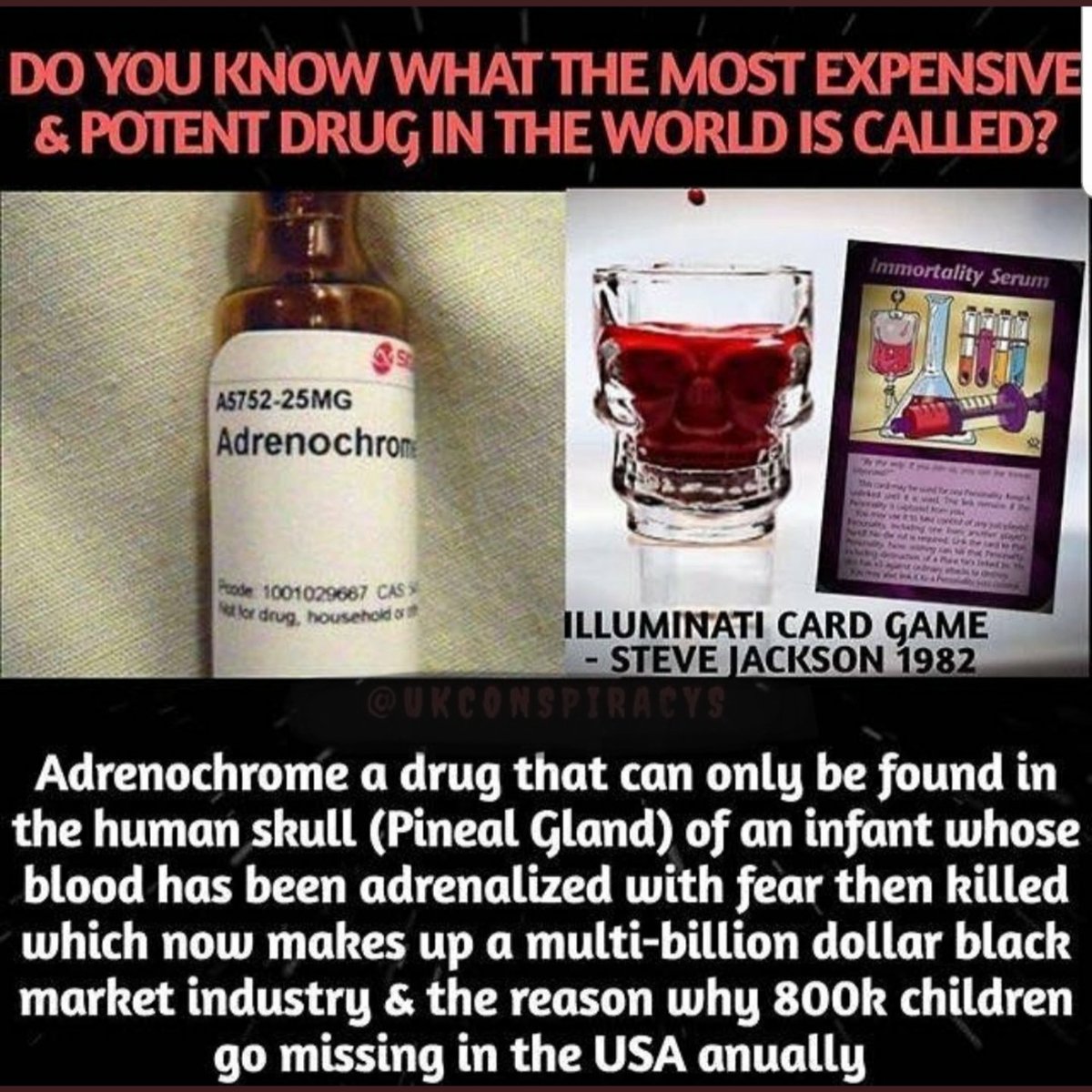 Truth_Seeker06's tweet photo. Adrenochrome is a synthesized drug
from human blood that is used in Hollywood rituals and Druid practices, The substance comes from fear and stimulation of a human being then drawn as a drinkable liquid. https://t.co/o6yi8sUAuk