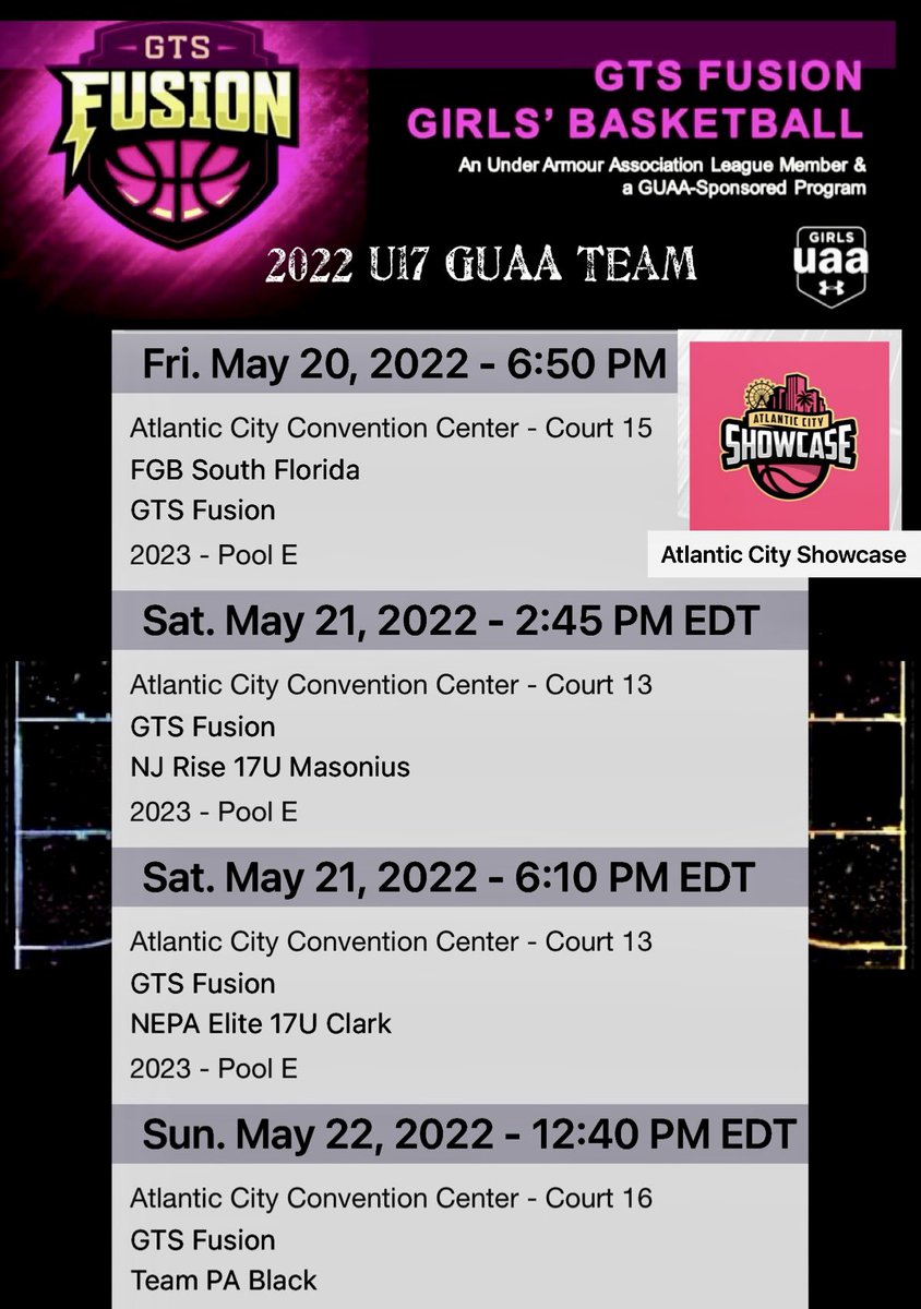 Coach Costigan (@coachcostigan) on Twitter photo We are extremely excited to compete in the top bracket of the <a href="/SelectEventsBB/">Select Events Basketball</a> showcase in Atlantic City this weekend! Please come out and watch the <a href="/GTS_Fusion/">GTS Fusion Basketball</a> work…
#getfused We are extremely excited to compete in the top bracket of the <a href="/SelectEventsBB/">Select Events Basketball</a> showcase in Atlantic City this weekend! Please come out and watch the <a href="/GTS_Fusion/">GTS Fusion Basketball</a> work…
#getfused