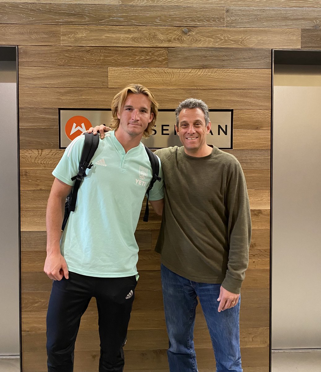 RichardMotzkin's tweet photo. Always great when @WassermanSoccer clients stop by the office.  And mint suits you @kippkeller44 👊

cc: @SLUMensSoccer @AustinFC 

#TeamWass https://t.co/Y78zSGnTNZ