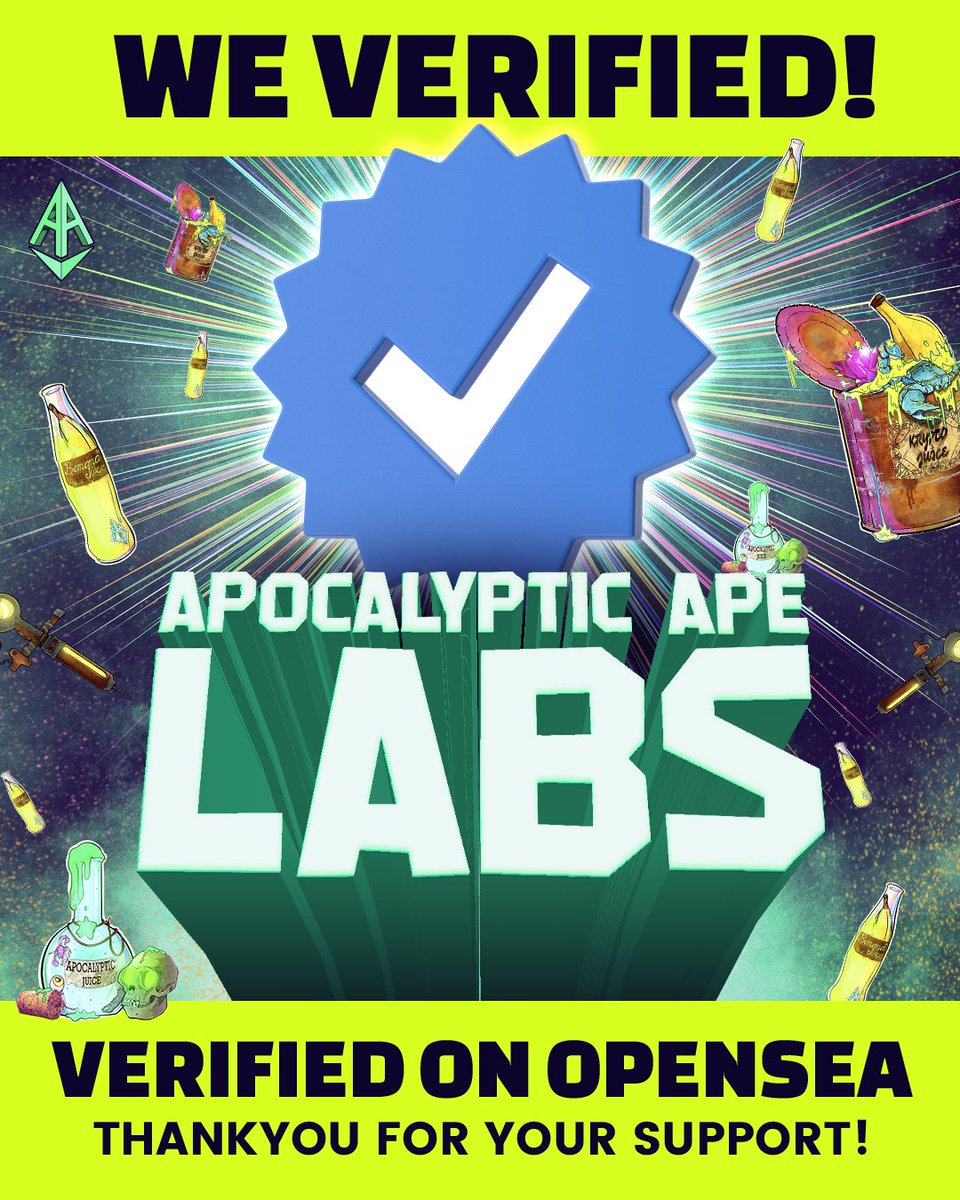 ... aaaand that's the trifecta! We're now officially VERIFIED across all 3 of our projects ...🔥🚀

<a href="/apocalypticapes/">Apocalyptic Apes | 🦍</a> , <a href="/AAPEQueens/">Apocalyptic Queen Apes 👑🦍</a> and our AAPE LABS all have the blue checkmark on <a href="/opensea/">OpenSea</a> . Massive thanks to the team &amp; community! #NFTs #opensea #verified #juice #aapes #AAPEARMY