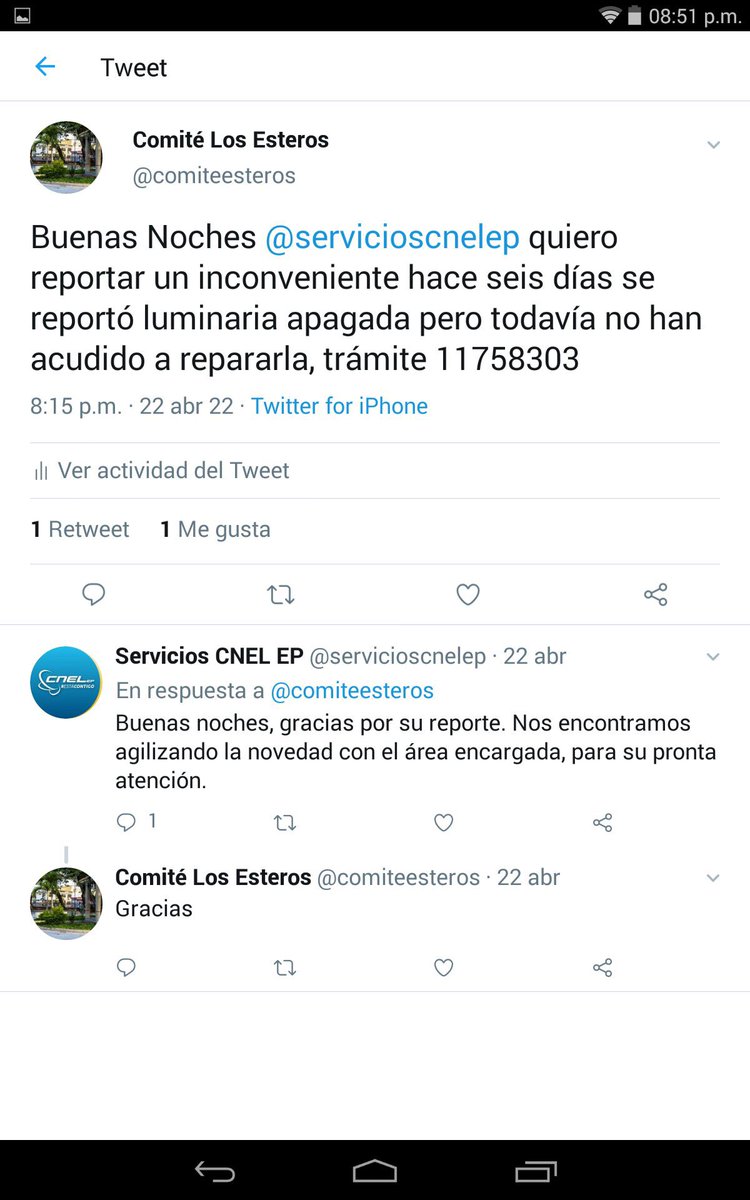 comiteesteros's tweet photo. Buenas noches @servicioscnelep @CNEL_EP se reportó una luminaria led ubicada el 22 de abril nadie ha acudido a repararla https://t.co/7o2qJ5drOF