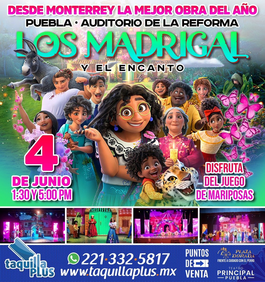#Puebla ¡Del cine al escenario! 🎭✨
Desde Monterrey, llega al Auditorio de la Reforma de Puebla “Los Madrigal y el Encanto". Disfruta del juego de mariposas este 4 de junio en dos funciones (1:00 pm y 5:00 pm).
¡No te lo puedes perder!

🎟 <a href="/taquillaplus/">taquillaplus</a> 
#PrimeraPlanaPuebla