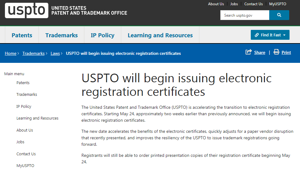 Kayming_IP's tweet photo. USPTO will begin issuing electronic registration certificates，The date will be adjusted to May 24, 2022! https://t.co/CiPaHe5xX2