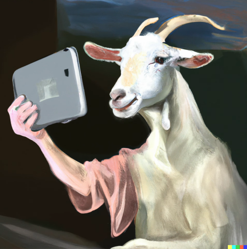 A painting inspired by the Mona Lisa of a goat taking pictures with an iPad #dalle2 #dalle