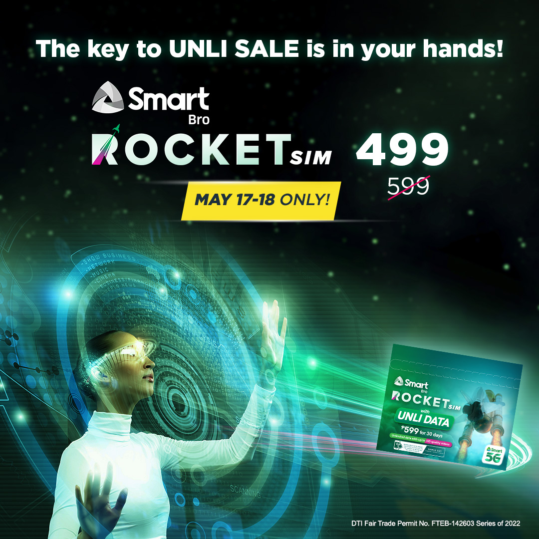 LiveSmart's tweet photo. Unlock a universe of UNLI with this limited Smart Bro #RocketSim deal!
Enjoy unlimited data upfront, valid for 30 days at P100 off!
Buy yours now this May 17-18 at https://t.co/PIfqgAnMXi. https://t.co/E0ARzwDskS