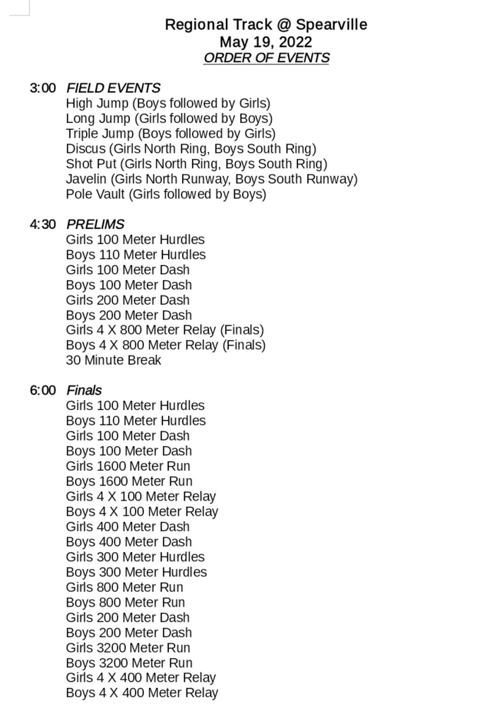 MeadeBuffaloes's tweet photo. MHS Regional Track at Spearville - 05.19.22
Order of Events
Good luck, MHS!
#WeR226 #MeadeBuffaloes #MHSTrack https://t.co/Ov9pfTQSyC