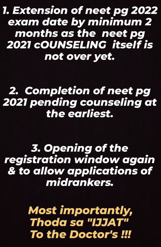 drasmalhi's tweet photo. Demands are genuine #NEETPG2022 aspirants are demanding since month for postponement 
It's now the time authorities should listen to there demand 
#POSTPONENEETPG2022_MODIJl 
#POSTPONENEETPG_MODIJI
@mansukhmandviya @OfficeOf_MM @PMOIndia @narendramodi @AmitShah @blsanthosh https://t.co/PglaqKiu0P