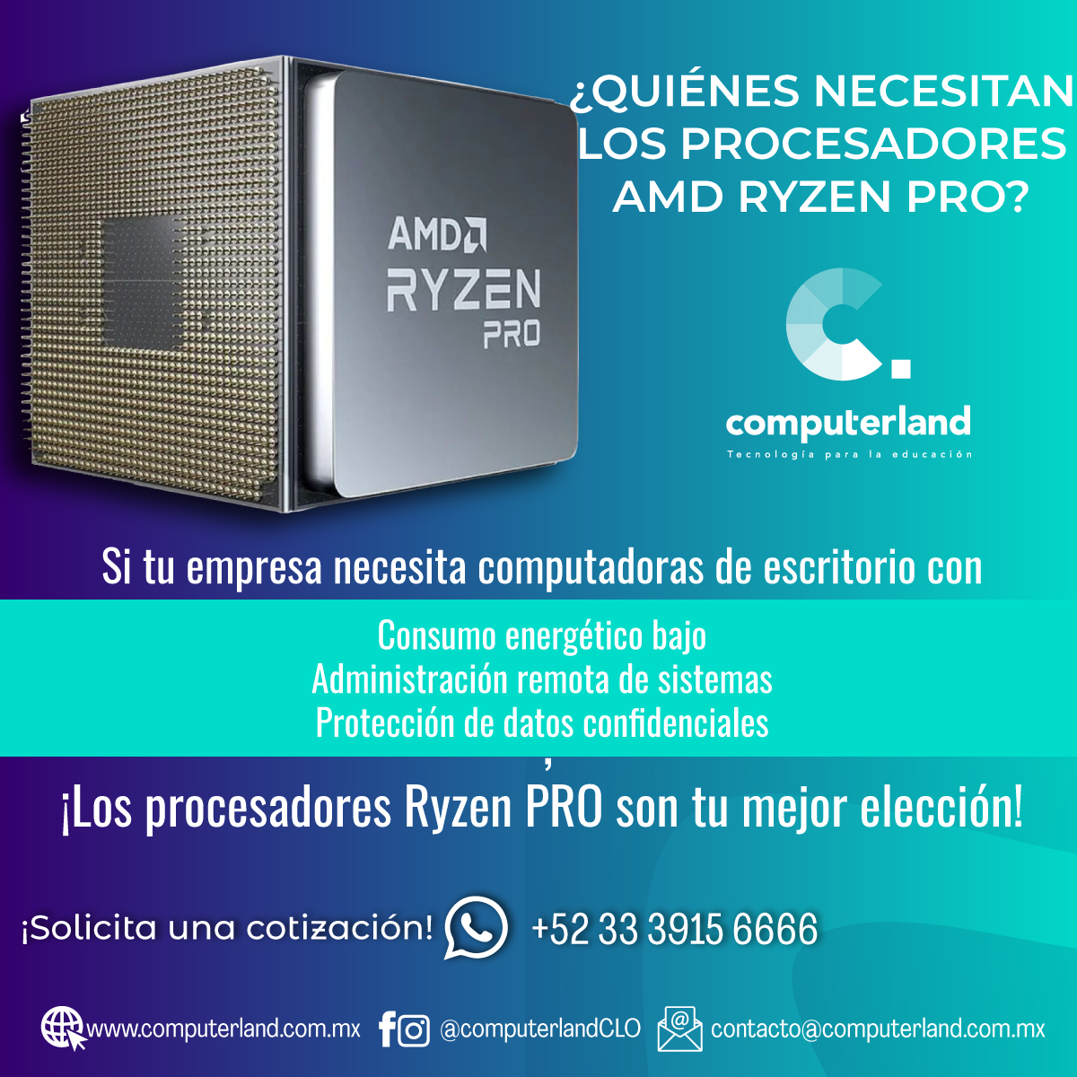 CLANDoccidente's tweet photo. Procesadores AMD RYZEN PRO,  ofrece un rendimiento de ultima generación, funciones de seguridad y una gran administración.
¡Adquiere tu procesador ahora!
👉Whatsapp https://t.co/856FlDtFuR
📨 contacto@computerland.com.mx
🌐https://t.co/Jypsm6Jy6C
#computerland #AMDRyzenPro https://t.co/TkWVap1aWF