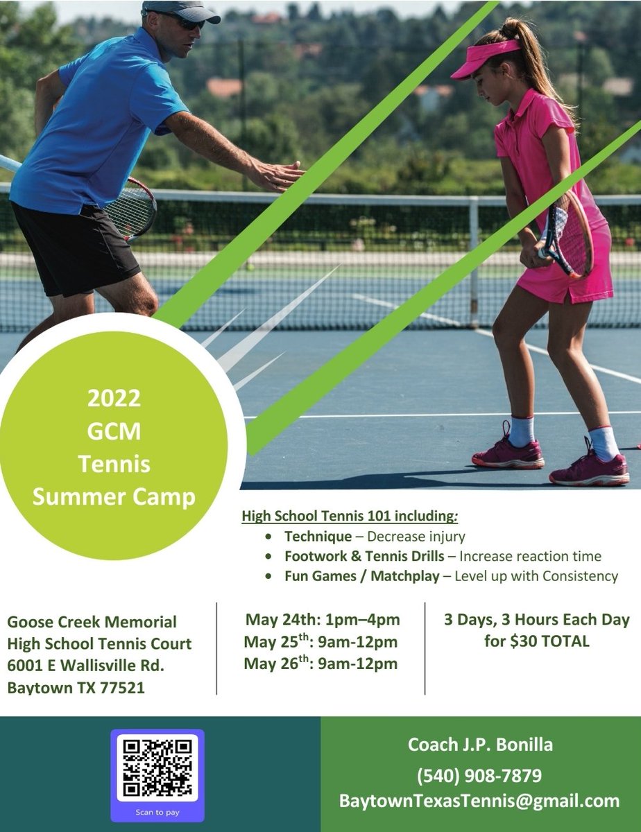 GCMTennisTeam's tweet photo. 🎾 GCM TENNIS CAMP 🎾

May 24, 25, 26

$10/ day... $30 for all three days!

#gcGIANTS #Baytown #Tennis #Camp #GCM #BaytownTennis #GCMTennis #gccisd https://t.co/BxcvEoCgAV