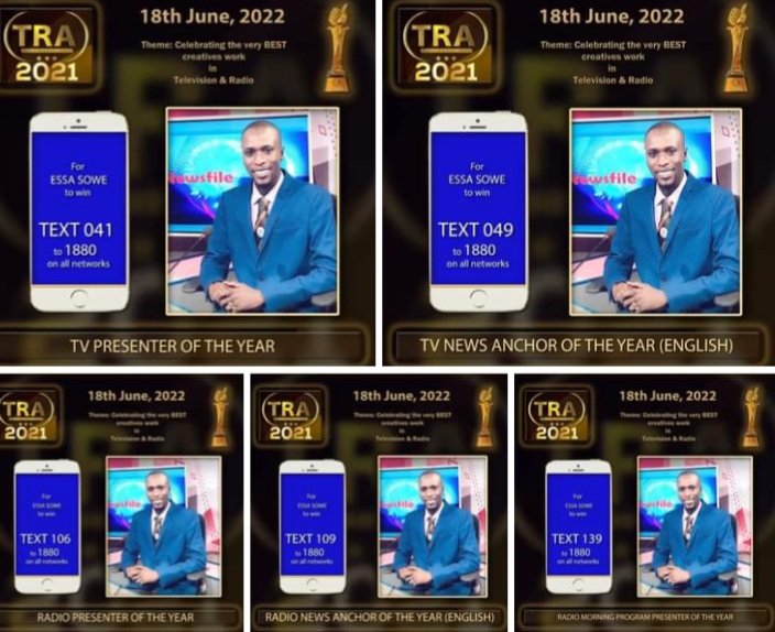 EssaSowe7's tweet photo. We got Nominated for 5 different categories. Thanks you TRA Gambia. https://t.co/L5JOOCjXt7