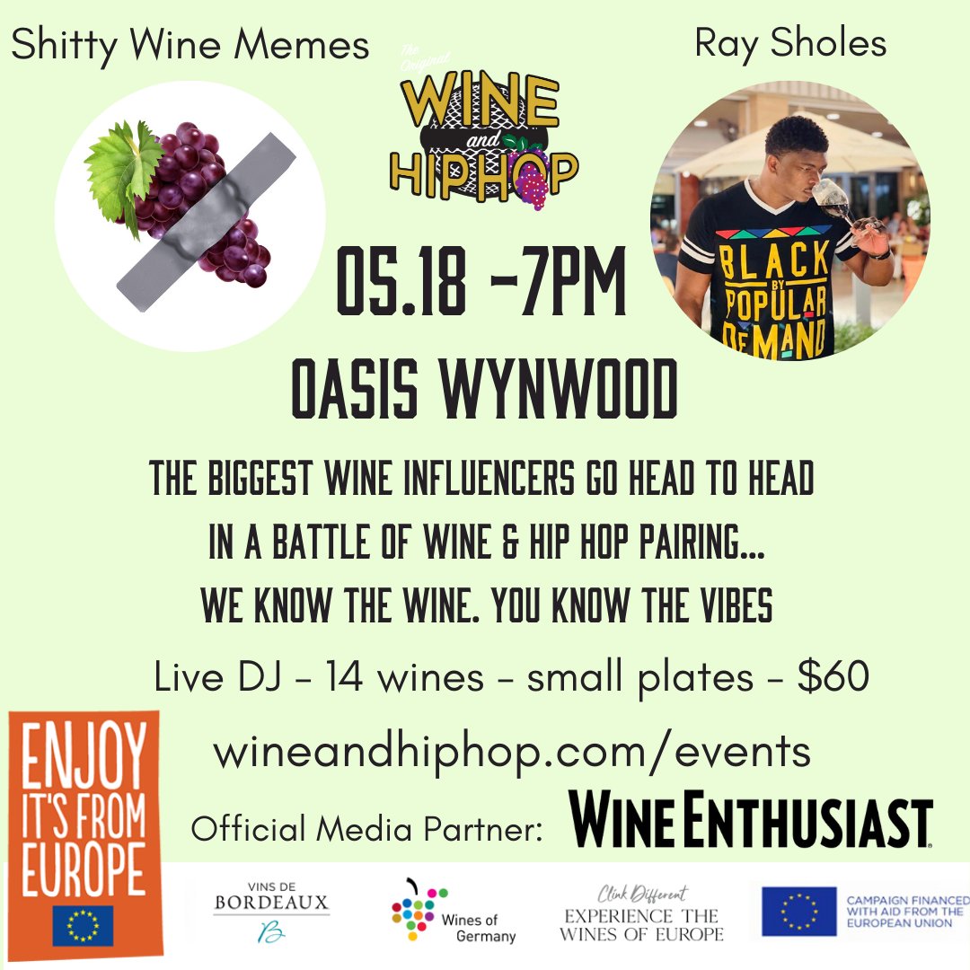 WineEnthusiast's tweet photo. Near Miami? Join @RealWolfOfWine, @shittywinememes and Sommelier Ray Sholes of @TheRoyalVines as they battle it out to find the perfect Wine & Hip Hop pairing!
Plus, taste 14 wines from @BordeauxWines and @GermanWineUSA #ClinkDifferent
Grab tickets here: https://t.co/6Eovaw1YoG https://t.co/TyneqDLXyd