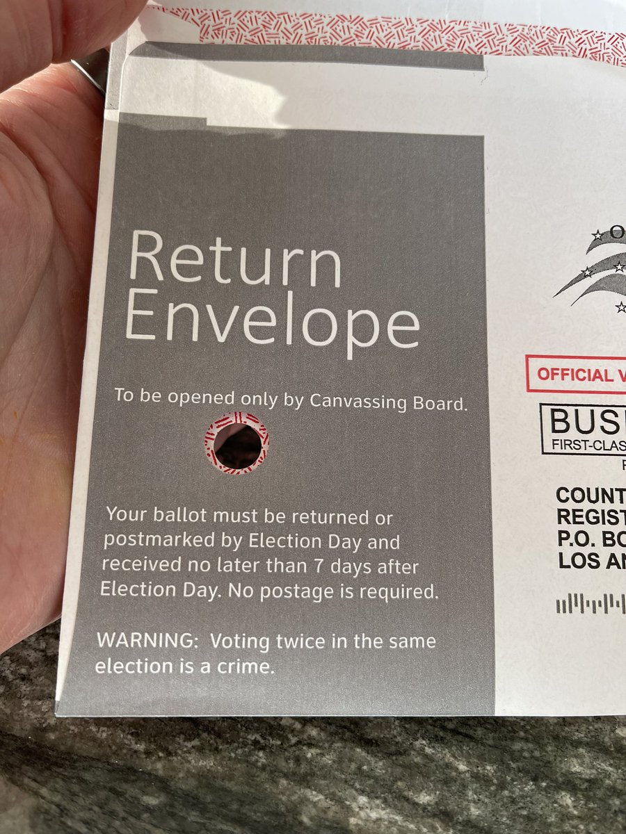 There’s literally a hole in the California ballot envelope. Not kidding.

US senator candidates Alex Padilla (D) and Mark Mauser (R) checkboxes/bubbles through the hole, so ballots can be inspected and discarded without opening. This is insane.