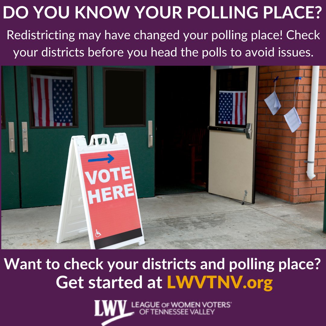 ✨PRIMARY ELECTION DAY IS IN ONE WEEK!✨

Avoid issues on Election Day: know your polling place &amp; districts.

~40,000 voters in Madison Co. have had a change in place/name of their polling place. 
Head to LWVTNV.org to find out if you're one!

#Vote #GOTV #LWV #LWVAL