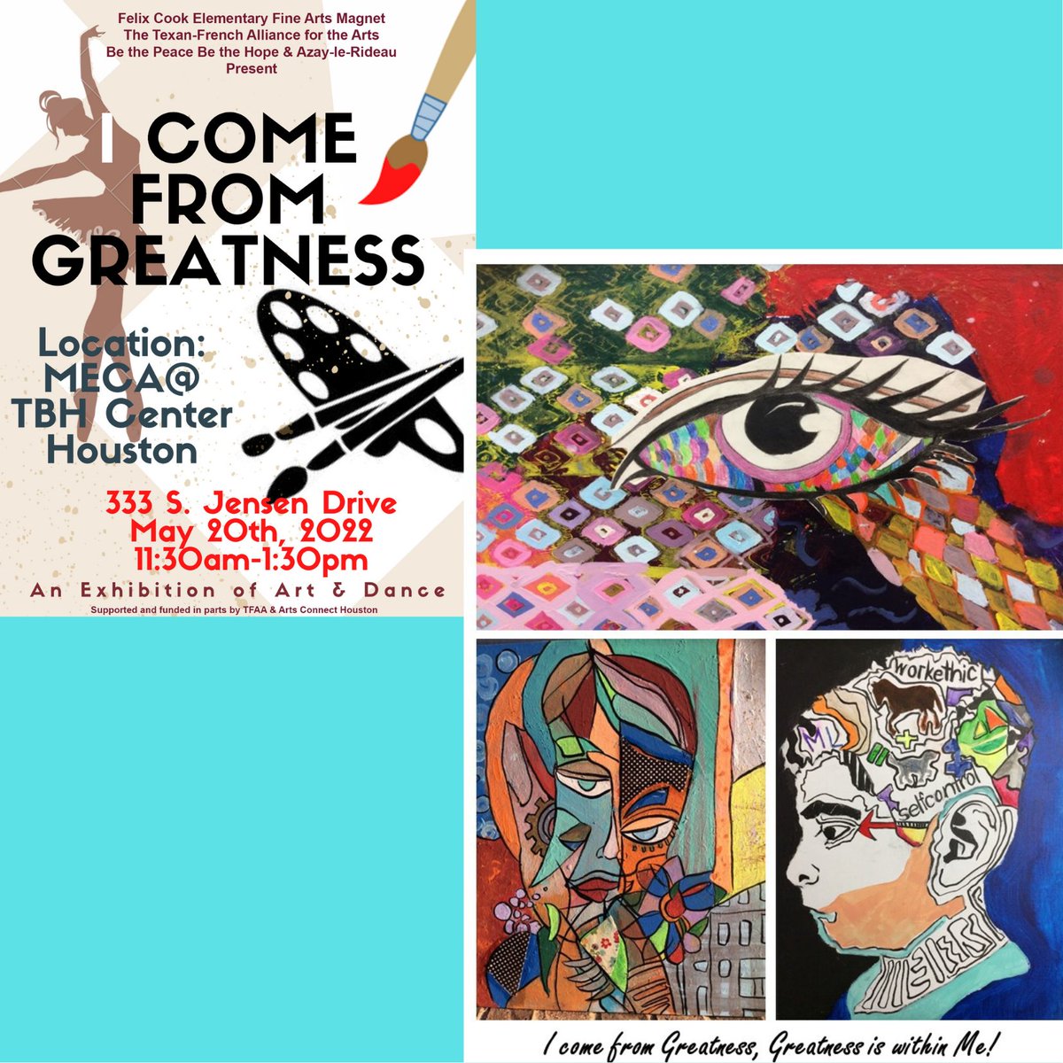 TFAAHouston's tweet photo. ⭐GREATNESS AND SUPPORT through Art, this Friday, May 20 from 11:30 am to 1:30 pm at Talento Bilingue de Houston! ⭐ 
Come and visit with our Felix Cook students and learn how you can build self-esteem and a supportive creative community through inspiring stories. #resilience https://t.co/DiI2eySiy1