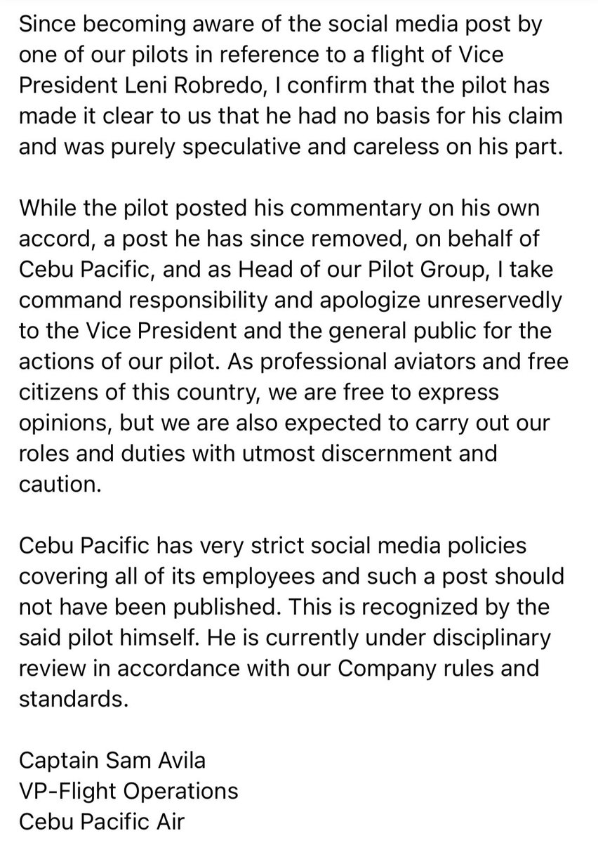 ABSCBNNews's tweet photo. READ: Vice President for Flight Operations of Cebu Pacific apologizes to VP @lenirobredo and the general public because of the post of one of their pilots, "which had no basis, purely speculative, and careless." | via @JervisManahan https://t.co/4jYJNn3EHy
