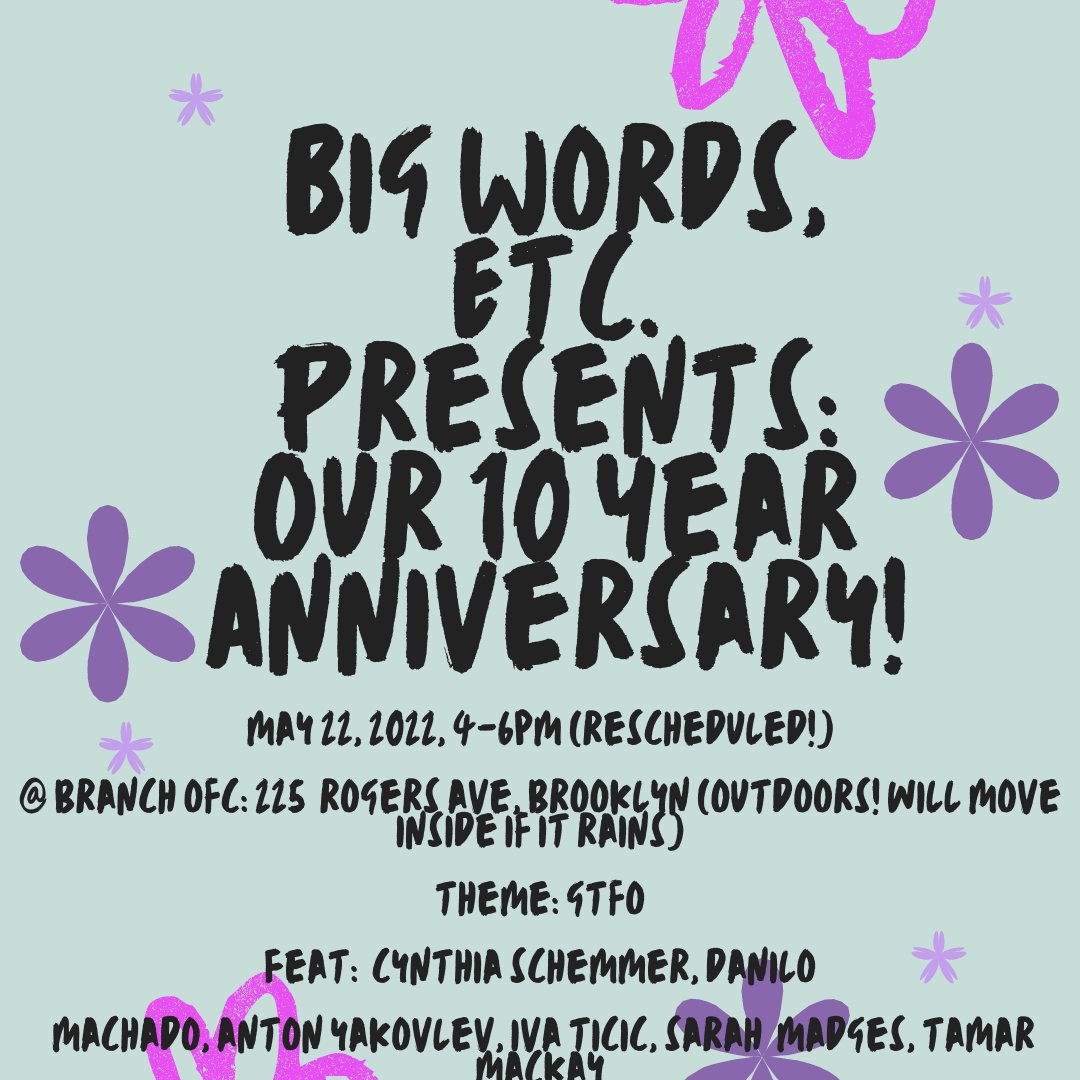 I’ll be reading for <a href="/BigWordsEtc/">Big Words, Etc.</a> this weekend!!! Come hang, y’all ☺️