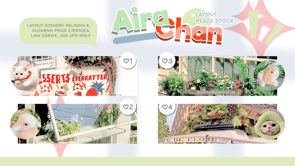 kooakv's tweet photo. Help rt, please ! 🙌🏻 Layout scenery ready stock kelinci sama kucing nya nih kak 🥺, 2.000/ea. Untuk avanya jpg only ya !!😆
* #zonauang #zonaba https://t.co/rMRg9vZPWh