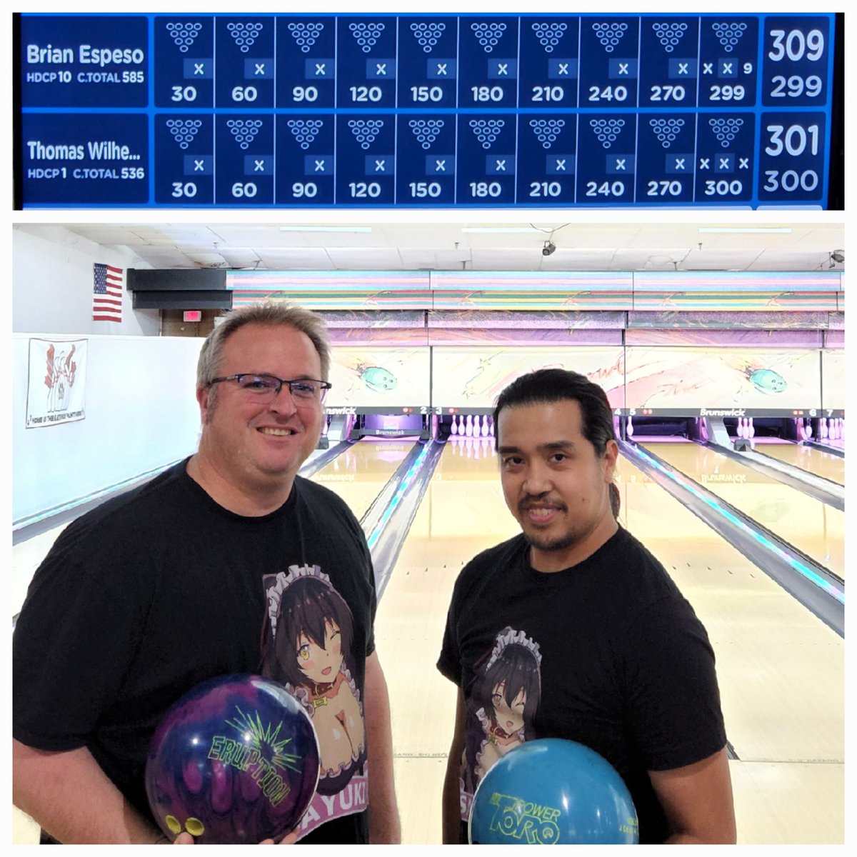 Strat_Nightstar's tweet photo. My teammate and I were locked in tonight during Game 2. He goes 299 with his #PowerTorq. Then I go 300 with my #EruptionPearl. #Columbia300 #BowlsTheWorldOver https://t.co/X7FYAgQYs1