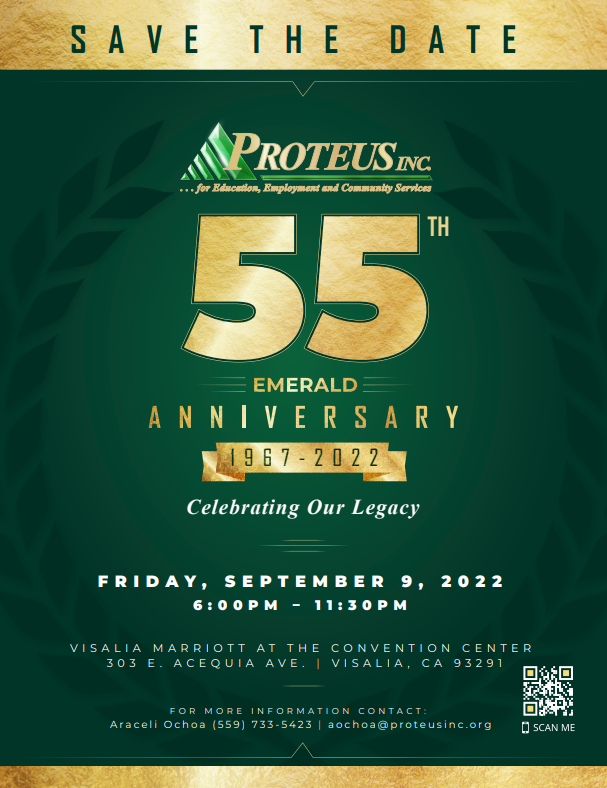 Please save the date for September 9, 2022. We also need your support and are offering several options: 1) Event Sponsorship 2) Purchase Tickets 3)Donate a Raffle Item, 4) Share, Share, Share! #proteusinc #55thanniversary #emerald #nonprofit #Sponsors