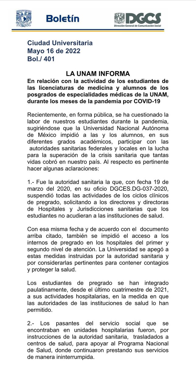 letroblesrosa's tweet photo. Mentira que la @UNAM_MX haya retirado a los médicos de los hospitales y no haya cooperado en atender la emergencia por Covid 19 en el sector público.

La UNAM tuvo al menos 15 mil pasantes y estudiantes al pie del cañón y fue la autoridad sanitaria quien restringió accesos. https://t.co/OMXHuqNHeK