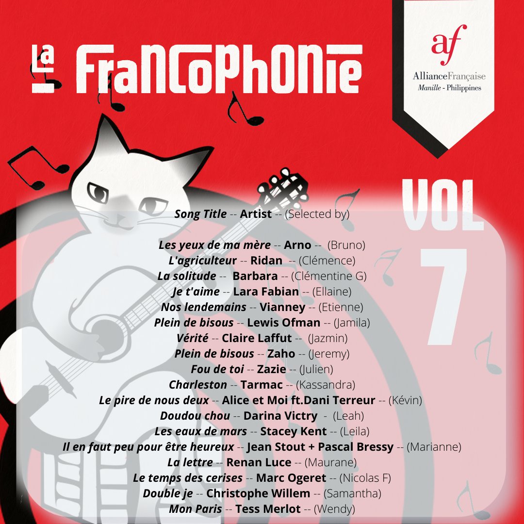 AFManille's tweet photo. 📣The Alliance Française de Manille Playlist -- May Edition is out ‼
🎧 Listen to this month's selection on https://t.co/MgIOMnV0E7
👉Swipe for song titles, artist, and whose pick it was.
Comment with your favourite from the list and tag a friend!
#AFMPlaylist #music https://t.co/50ukBIJArN